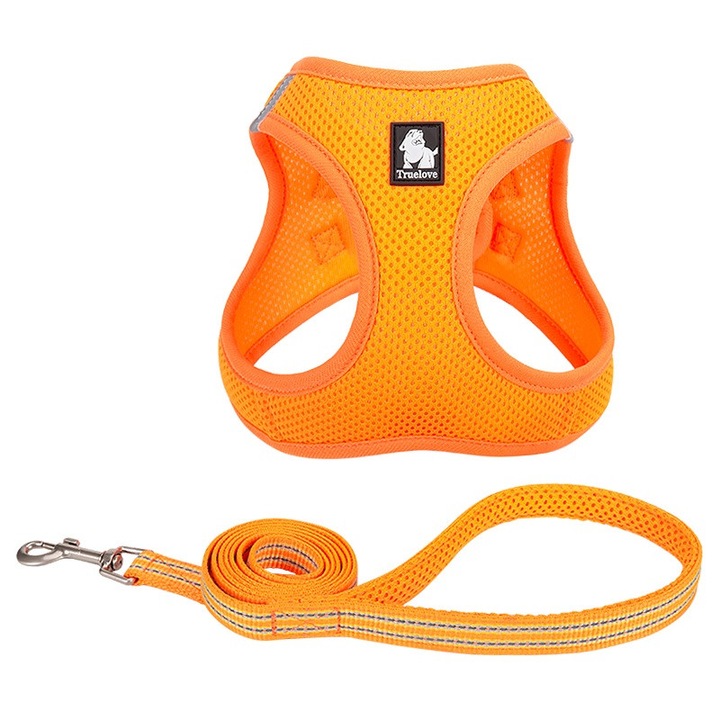Set ham si lesa Truelove din plasa respirabila pentru animale de companie, moale, premium, marime S, portocaliu, lesa 120 cm