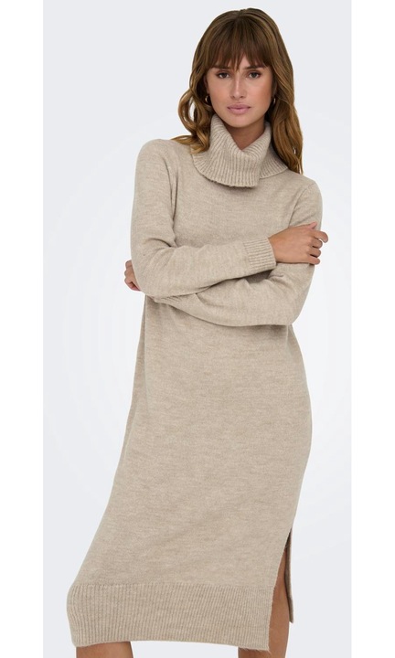 Плетена дълга рокля с дълги ръкави, миди пуловер с яка ONLTMBOLT%), Кафяв, XS