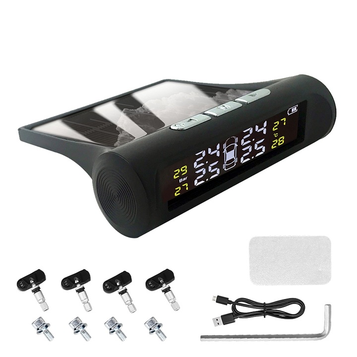 JESWO gumiabroncsnyomás-figyelő rendszer, belső érzékelők, hangriasztó, napelemes és USB töltés, LCD kijelző, fekete, 9,5x8,2x2,6 cm