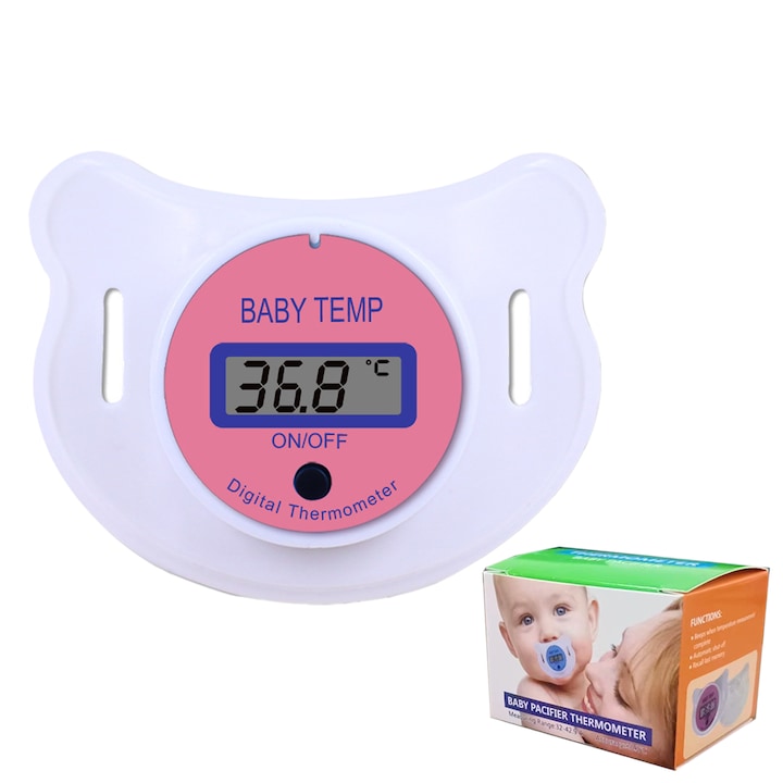 Termometru digital pentru copii tip suzeta, afisaj LCD, roz, precizie 0.1°C
