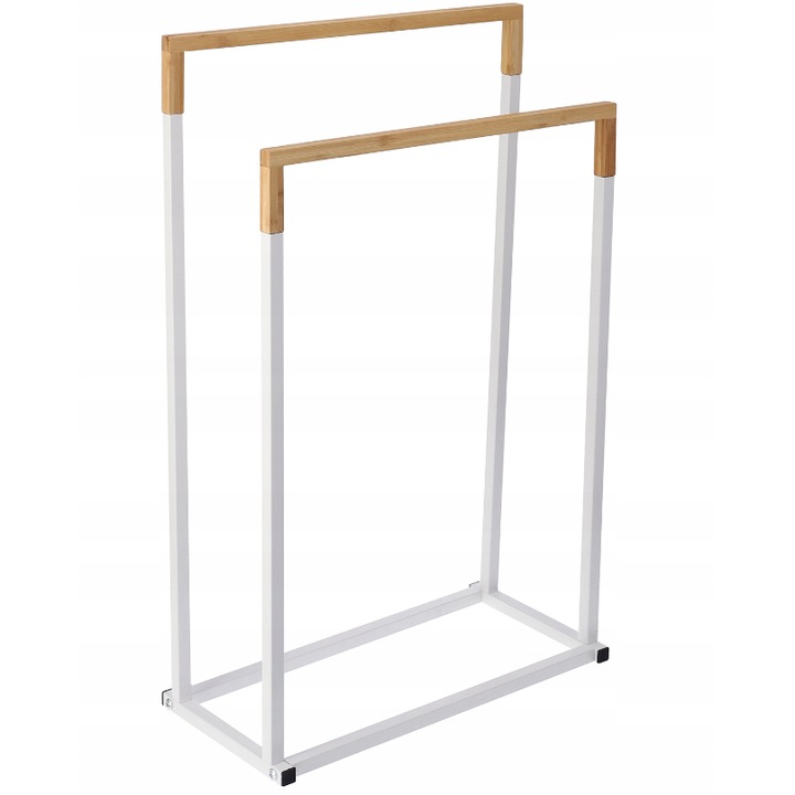 Suport prosoape Jumi, pe doua randuri, metal si bambus, alb si maro, 76x45x22 cm