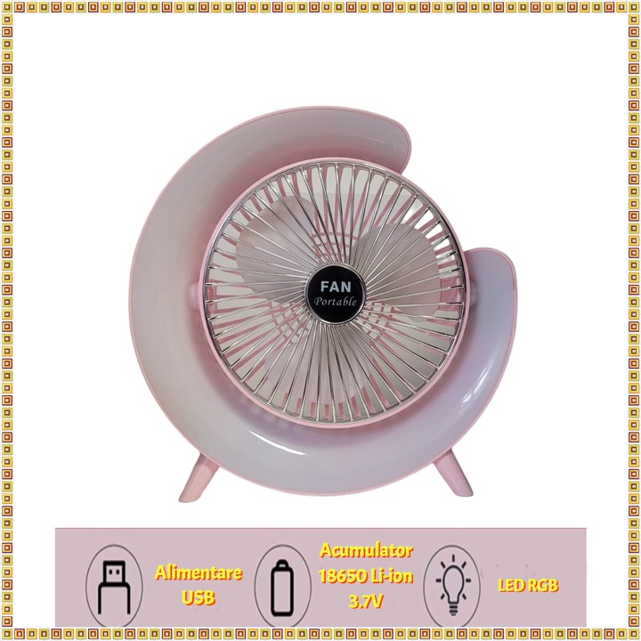 Mini Ventilator SIKS Portabil Pentru Birou, Rotund, Multifunctional, Led RGB, Lumini Ambientale, Ajustare 180 °, 3 Viteze Ale Vantului, 5 Moduri De Iluminare, Alimentare USB, Potrivit Pentru Birou, Masina, Camping, Roz