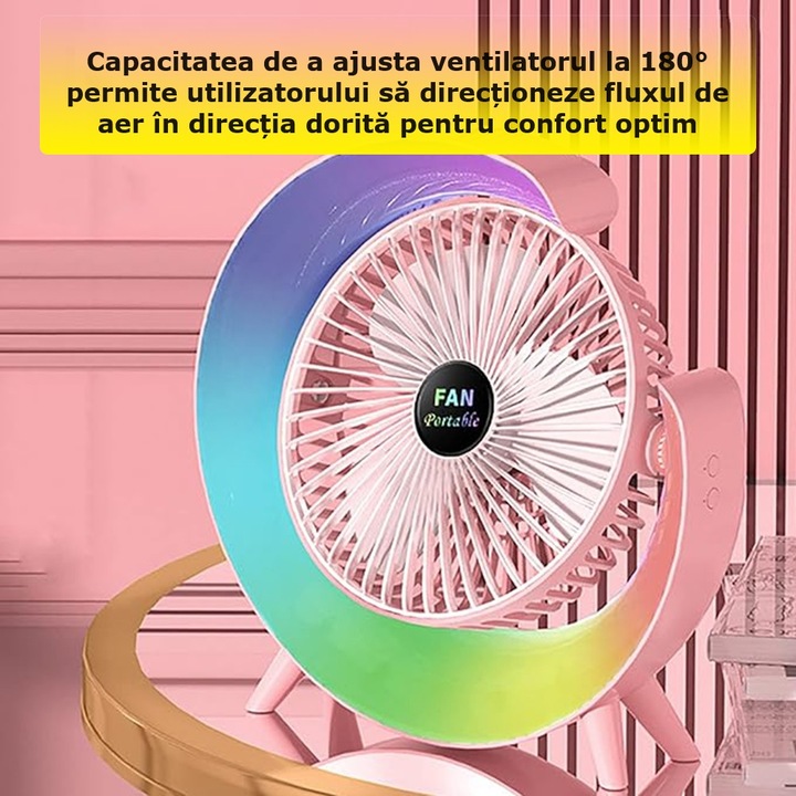 Mini Ventilator SIKS Portabil Pentru Birou, Rotund, Multifunctional, Led RGB, Lumini Ambientale, Ajustare 180 °, 3 Viteze Ale Vantului, 5 Moduri De Iluminare, Alimentare USB, Potrivit Pentru Birou, Masina, Camping, Roz