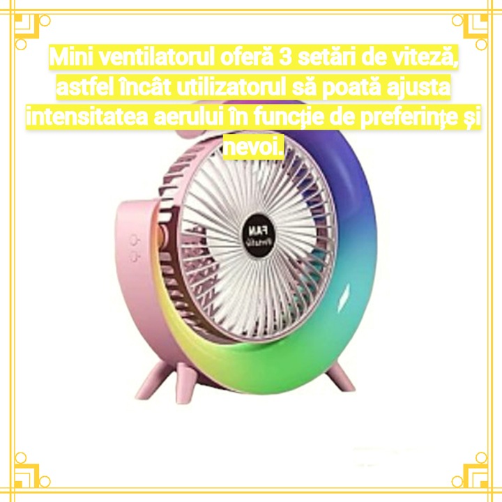 Mini Ventilator SIKS Portabil Pentru Birou, Rotund, Multifunctional, Led RGB, Lumini Ambientale, Ajustare 180 °, 3 Viteze Ale Vantului, 5 Moduri De Iluminare, Alimentare USB, Potrivit Pentru Birou, Masina, Camping, Roz