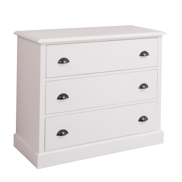 Comoda cu 3 sertare, culoare alb murdar P039, vopsit, 100% lemn masiv, 110x90x50 cm