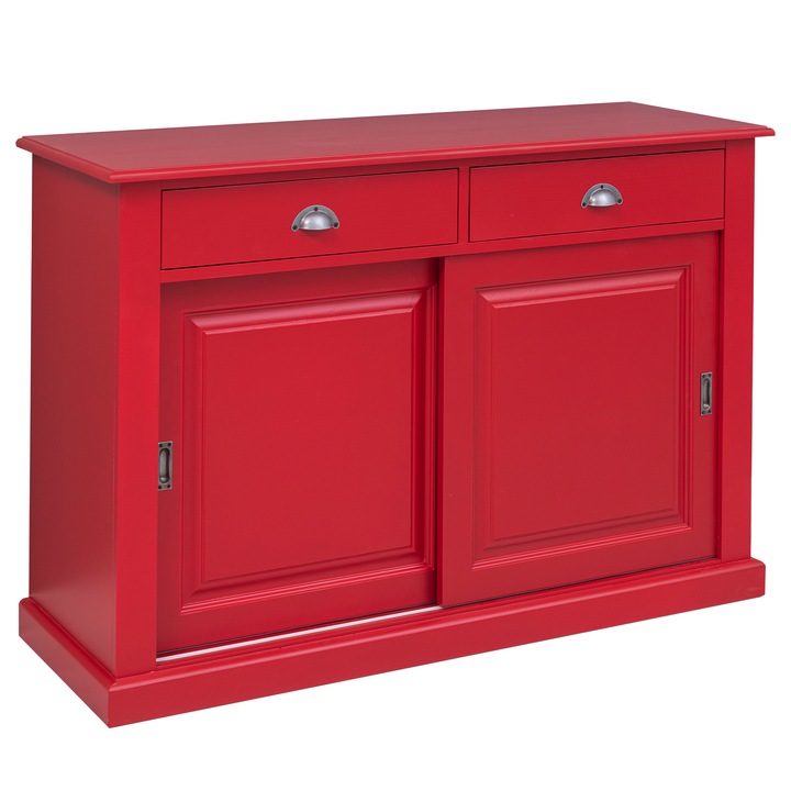 Bufet cu 2 usi glisante, 2 sertare, BAS, culoare rosu P047, vopsit, 100% lemn masiv, 135x91x48 cm