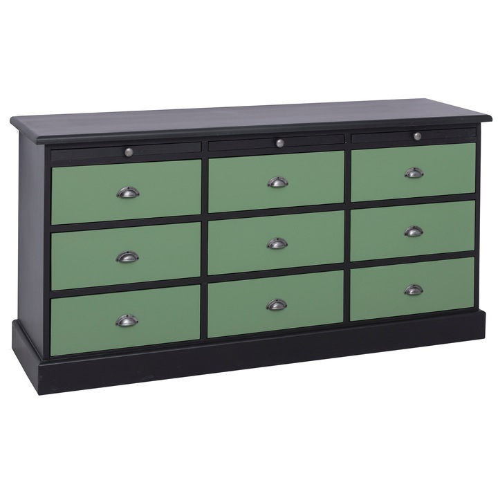 Comoda cu 9 sertare, culoare negru P003, culoare sertare verde inchis P038, dublu color, 100% lemn masiv, 158x79x48 cm