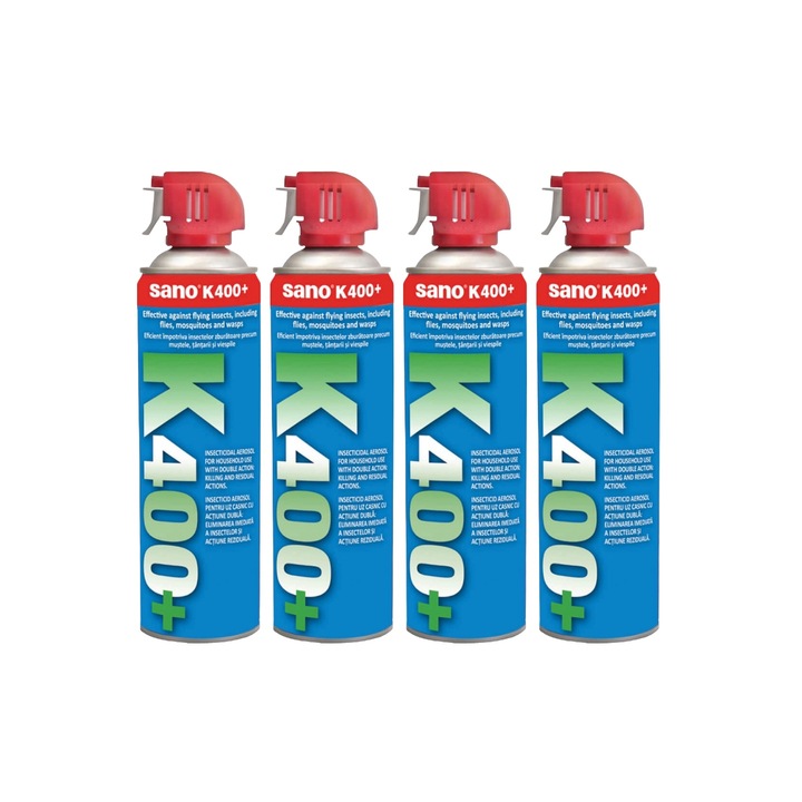 Set 4 x Sano Insecticid Gandaci K400 500ml, efect de lunga durata, actiune rapida, aplicabilitate usoara, eliminare totala daunatori, minimizeaza mirosul, impact redus asupra sanatatii