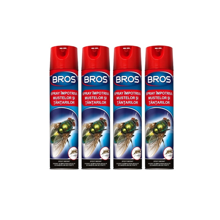 Set 4 x Bros Spray Insecticid Muste si Tantari 400ml, efect de lunga durata, actiune rapida, aplicabilitate usoara, eliminare totala daunatori, minimizeaza mirosul, impact redus asupra sanatatii