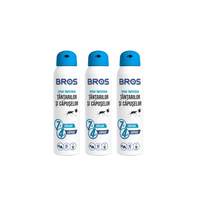 Set 3 x Bros Spray Insecticid de Buzunar Anti-Tantari si Anti-Capuse 90ml, efect de lunga durata, actiune rapida, aplicabilitate usoara, eliminare totala daunatori, minimizeaza mirosul, impact redus asupra sanatatii