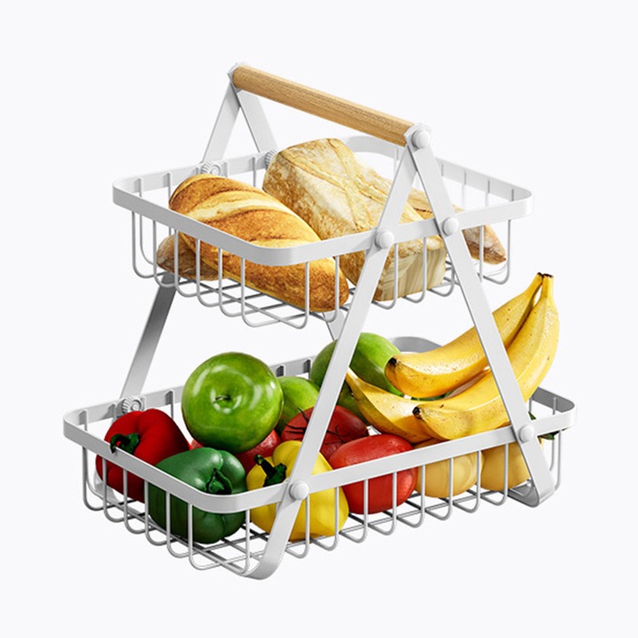 Cos de depozitare decorativ, Hokretme, Metal, 2 etaje, folosit pentru fructe, gustari, cani, articole diverse, 27X18X34, Alb