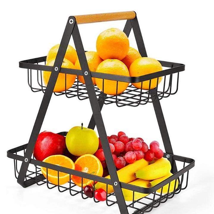 Cos de depozitare decorativ, Hokretme, Metal, 2 etaje, folosit pentru fructe, gustari, cani, articole diverse, 27X18X34, Negru