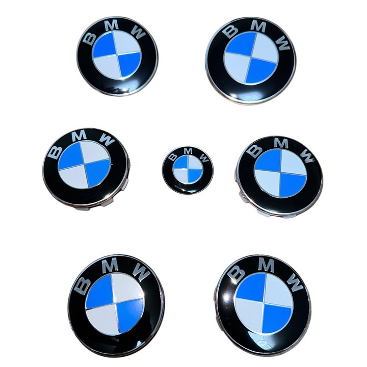BMW embléma szett 7 részes, fehér-kék, motorháztető/csomagtartó 82 mm, felnik 68 mm, kormány 44 mm, széria (1, 3, 5, 6, 7, X1, X3, X5, X6, E46, E90, E60, F10, F30)