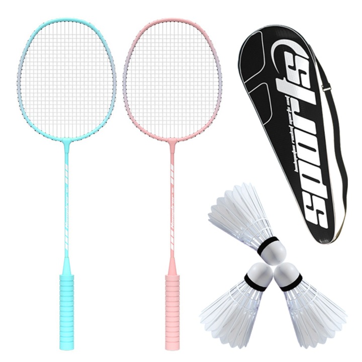 Set rachete badminton Tebnaild, 3 fluturasi, metal, roz/albastru, 20x66cm