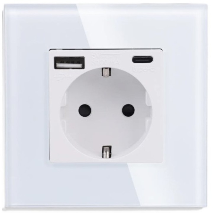 Priza completa Shuko si USB A+C Port 3, 1A, 20W Fast charge, recunoastere inteligenta, rama de sticla, Alb