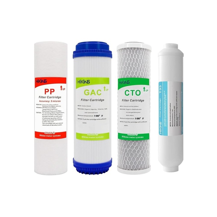 Set de 4 filtre inlocuitoare de osmoza inversa, HiKiNS, cu sediment PP, carbon activ granular GAC, CTO si post T33, Standard