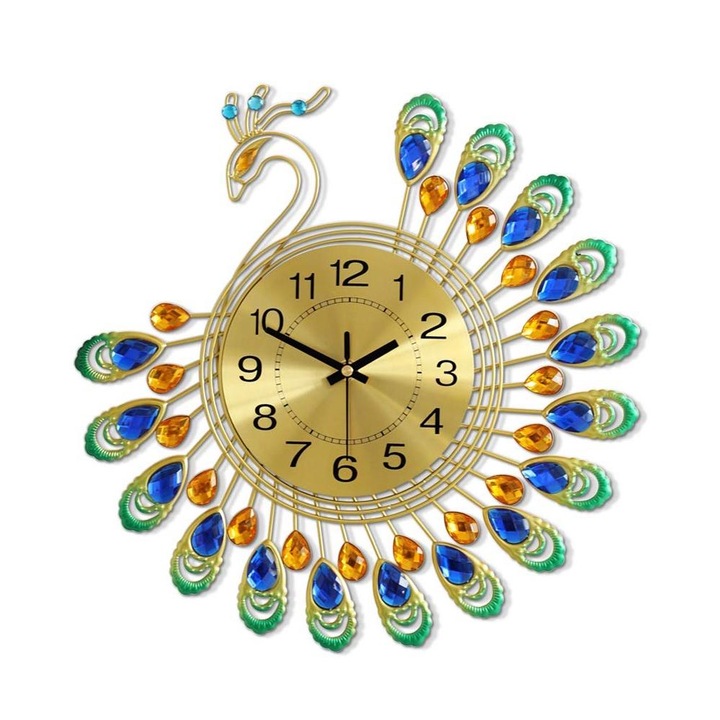 Ceas de perete decorativ, forma de paun, cristale, miscare silentioasa, auriu, 38x38cm