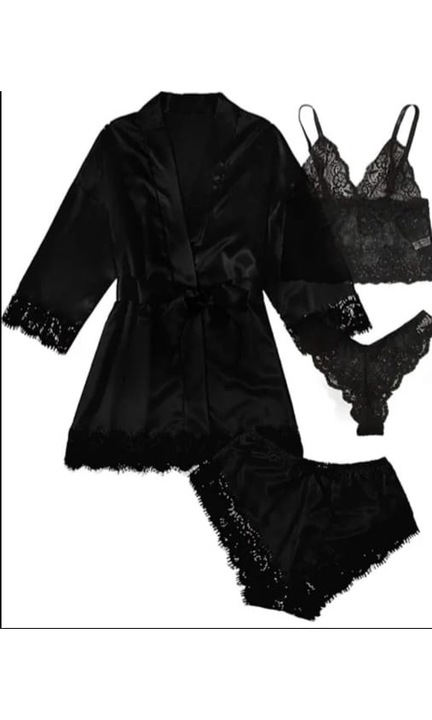 Set Pijamale dama 4 piese, Negru, Negru