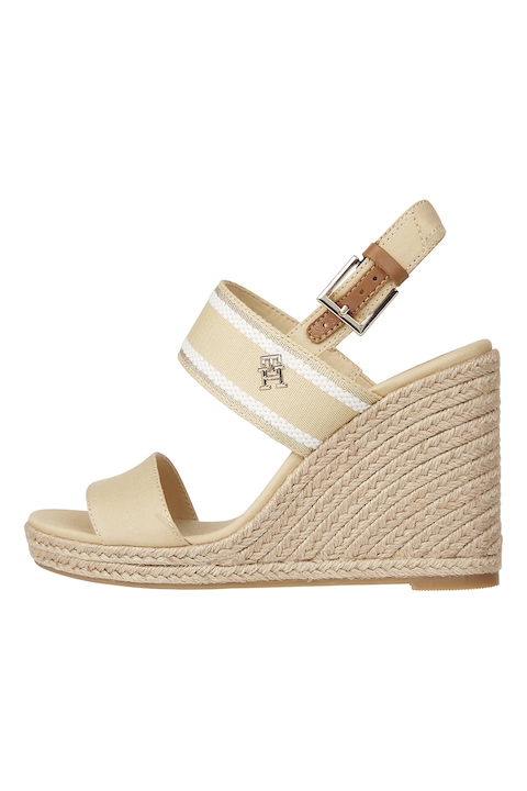 Tommy Hilfiger, Sandale cu talpa wedge si aplicatii din iuta impletita, Alb/Bej deschis