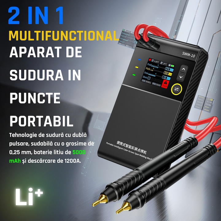 Aparat de sudura in puncte pentru acumulatori Li-ion, SWM-10, 5000 mAh, Curent de descarcare 1200A, Grosime sudura banda nichel 0.1-0.25mm Aluminiu 0.1-0.30mm, Protectie scurtcircuit, 155x82x28mm, Ecran color 1.8 Inch, Power Bank, Negru