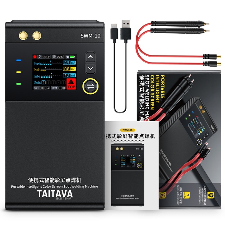 Aparat de sudura in puncte pentru acumulatori Li-ion, SWM-10, 5000 mAh, Curent de descarcare 1200A, Grosime sudura banda nichel 0.1-0.25mm Aluminiu 0.1-0.30mm, Protectie scurtcircuit, 155x82x28mm, Ecran color 1.8 Inch, Power Bank, Negru