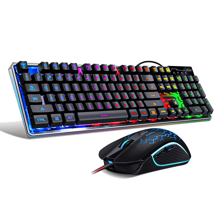 Billentyűzetkészlet, RGB játék egér, 104 gomb, vezetékes, 7 szín és világítási mód, ergonómikus kialakítás, fém talp, fekete