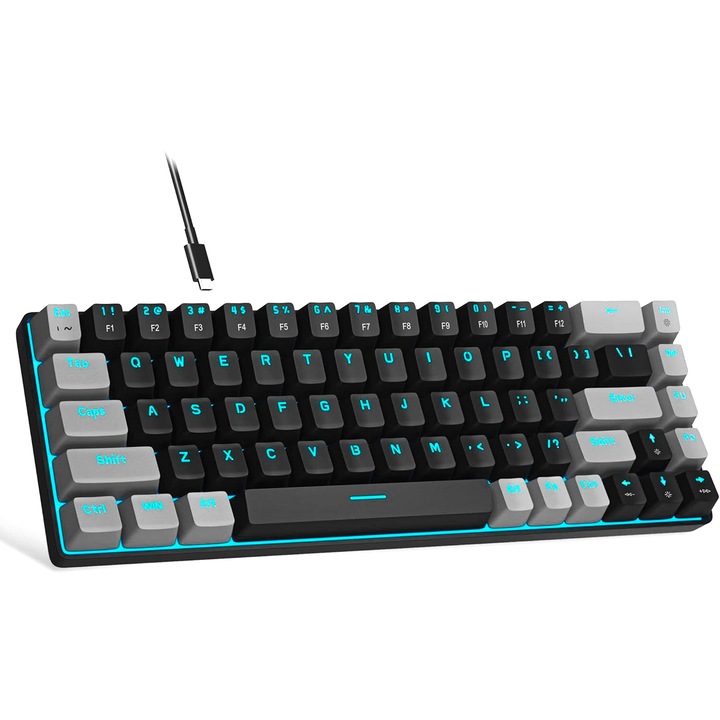 Tastatura Mecanica Gaming Timebox, 60%, Lumini LED, 68 taste, cu cablu Type-C, Red Swtich, Portabila, Negru Gri