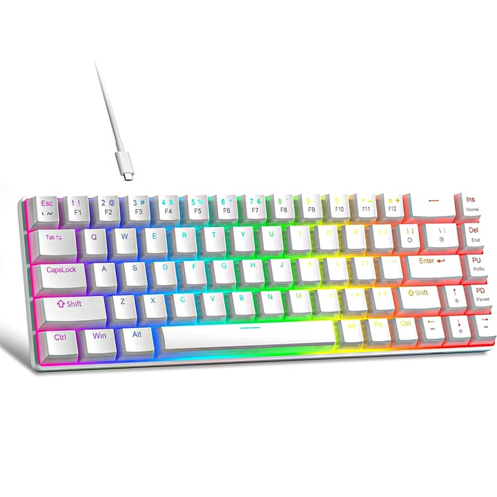 Tastatura Mecanica Timebox 60% cu 68 Taste PBT Pudding, Switch-uri Red si Iluminare RGB – Design Compact, Conectare Type-C, Ideala pentru Gaming de Performanta, Alb