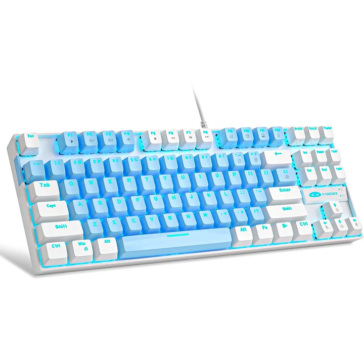 Tastatura Mecanica Gaming MageGee, 75%, iluminare LED, 87 taste TKL, cu fir, Blue Switch, Alb Albastru