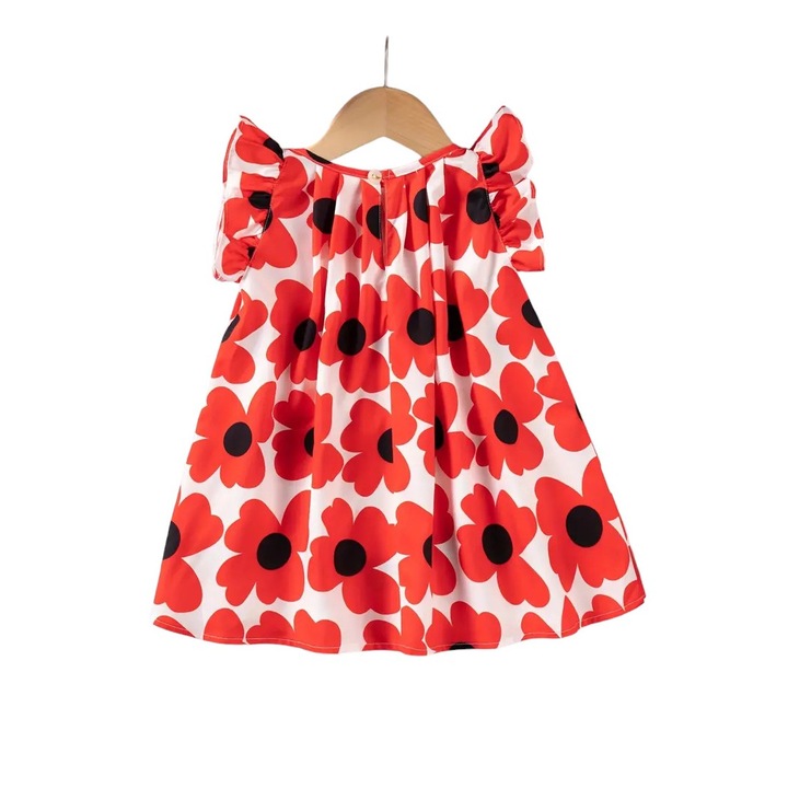 Rochie fete, scurta, alba cu flori rosii, Multicolor