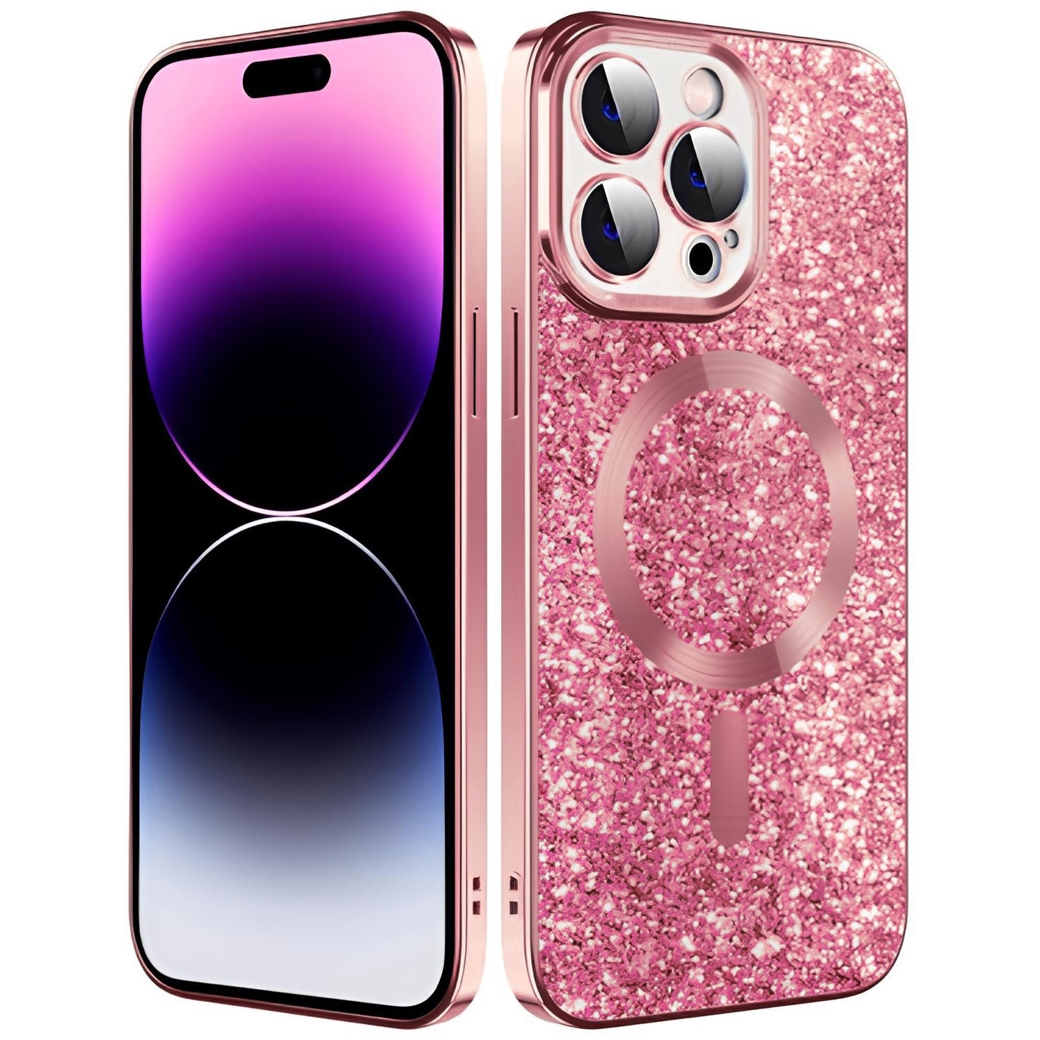 Husa Protectie cu Sclipici pentru iPhone 12 Pro, 2 in 1, Functie MagSafe, Design Compact, Logo Vizibil, Protectie Camera, Anti Amprente, Anti Socuri, Anti Zgarieturi, Roz