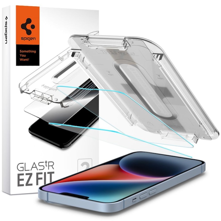 Apple iPhone 13 / 13 Pro / 14 / 16e, Kijelzővédő fólia, ütésálló fólia (az íves részre is!), Tempered Glass (edzett üveg), Spigen Ez Fit, Clear, 2 db / csomag