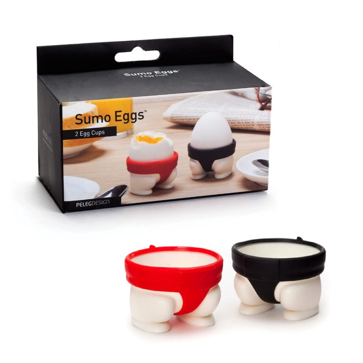 Set suporturi pentru oua fierte, Sumo, rosu si negru, plastic, 5.3x5.6x3.8cm