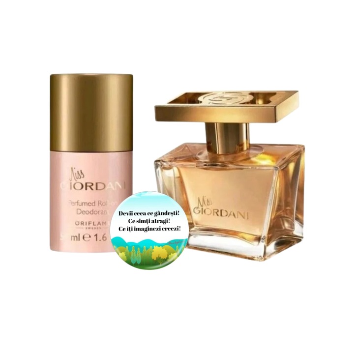 Set complet pentru Ea Miss Giordani (apa de parfum 50 ml, deodorant roll-on 50 ml), insotit de insigna Dactylion cu mesaj motivational, Dactylion®