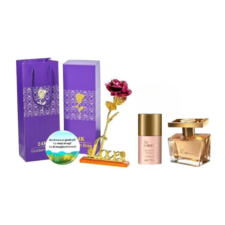 Set complet pentru Ea Miss Giordani (apa de parfum 50 ml, deodorant roll-on 50 ml), insotit de insigna Dactylion cu mesaj motivational si un trandafir rosu suflat la baza cu aur, Dactylion®