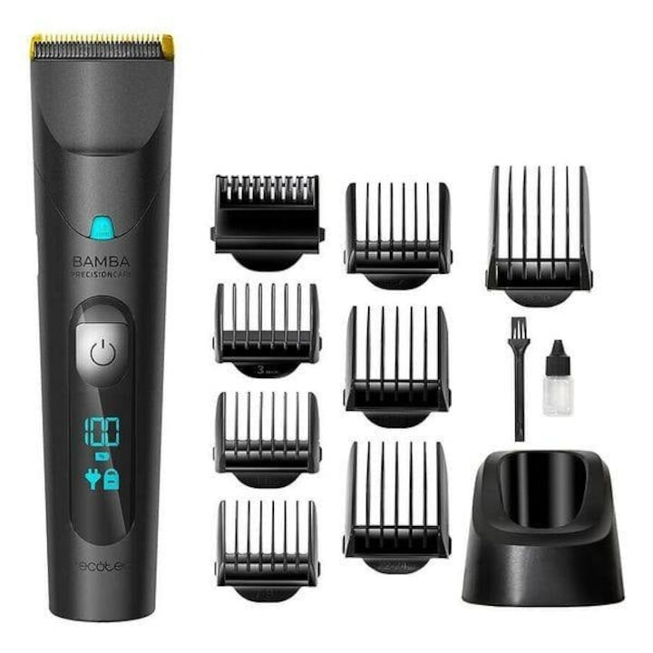 Машинка за подстригване Cecotec Bamba PrecisionCare 04219, Без кабел, Титаниева глава, LCD, 8 глави, Черен
