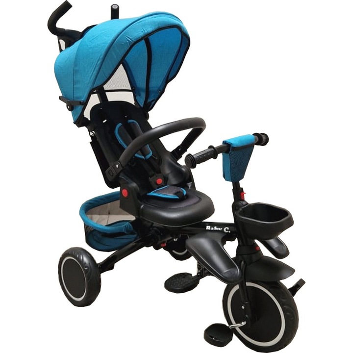 Tricicleta pliabila cu copertina Baby Care™ Folding Trike, Roti din spuma cauciucata EVA, Pedale si maner pentru parinti, Scaun reversibil cu rotire 360 grade, Cadru metalic, Dimensiuni 105X53X100 cm, Albastru Aqua