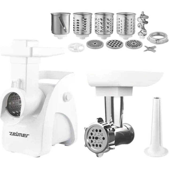 Месомелачка Zelmer ZMM9803B, 2200 W, Капацитет на смилане 3 кг в минута, Аксесоар за колбаси, Аксесоар за ренде, Бял