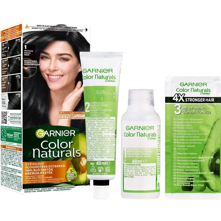 Vopsea de par permanenta Garnier Color Naturals 1 Ultra negru, 60+40+12ml