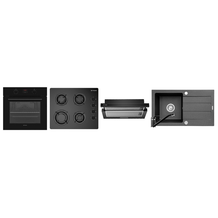 Pachet Pyramis 41P Complet Black, cuptor electric incorporabil, plita gaz, hota telescopica, chiuvetă granit și baterie, 8 funcții, clasa A, volum 69 litri, timer electronic, afișaj digital, Grill, 4 arzatoare, gratare emailate, finisaj sticlă neagră