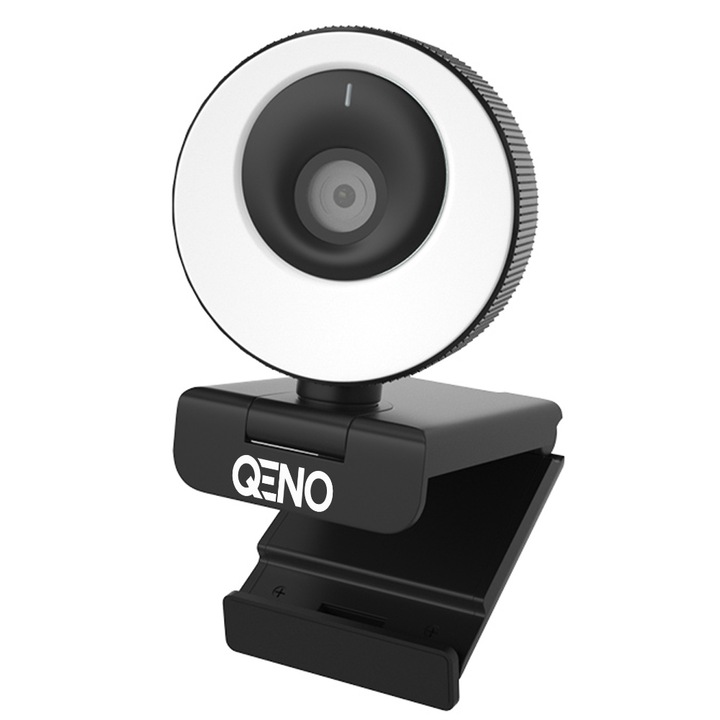 Camera Web Qeno® LunaWeb, 1080P, FULL HD, 60FPS, Microfon Reducere Zgomot Incorporat, Auto-Focus, Rotatie 360°, RingLight, Conectare PC/Laptop, Rezolutie FULL HD, Capac Privacy, Corectie Automata De Culoare, Negru