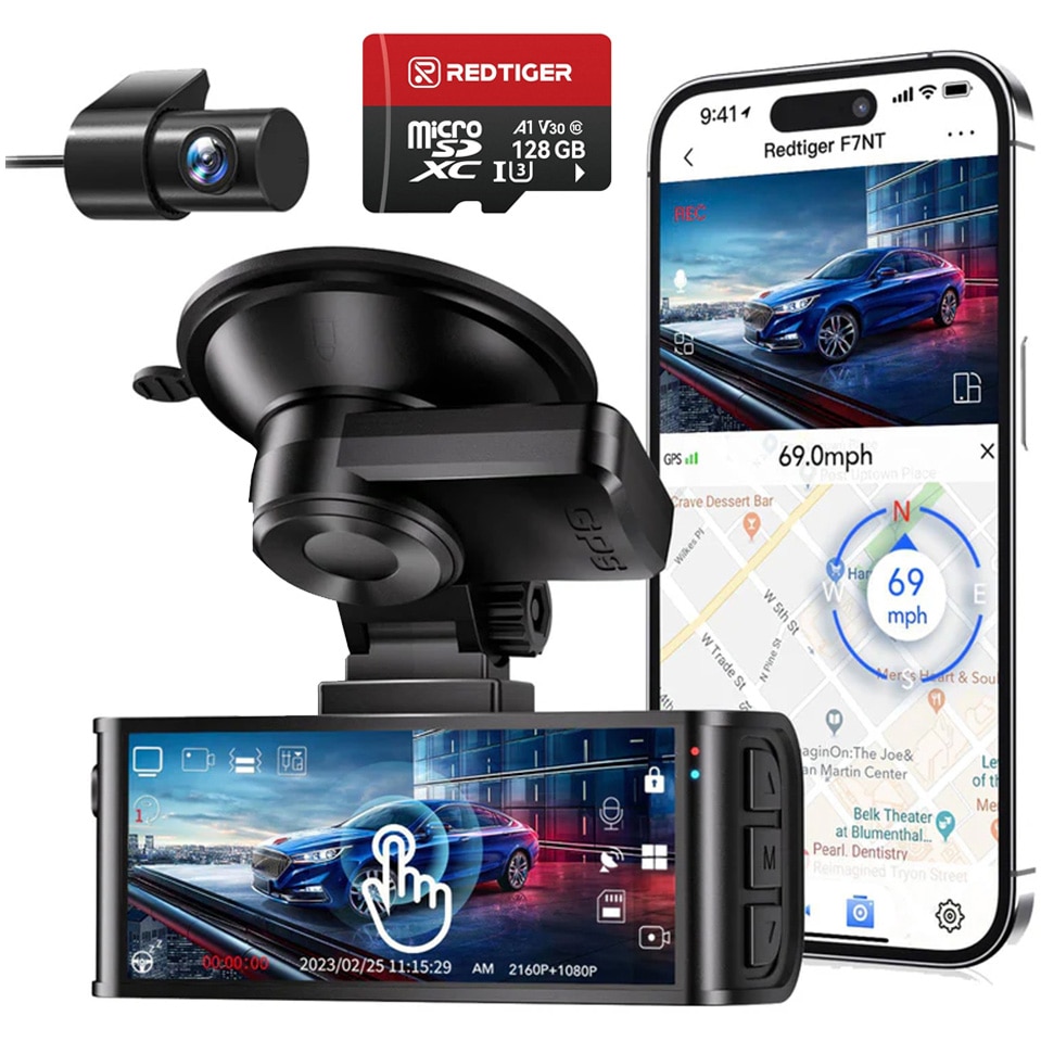 Camera auto de bord fata-spate REDTIGER F7N Touch 4K+FHD, WiFi, Night Vision, 170°, ecran tactil IPS 3.18", GPS, aplicatie dedicata, G-sensor si monitorizare parcare