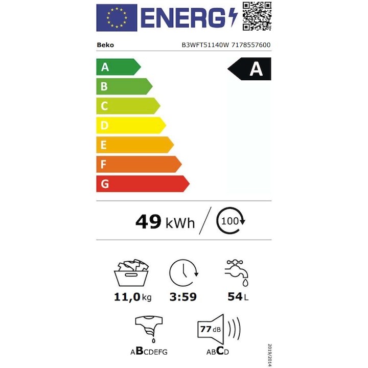Masina de spalat rufe Beko B3WFT51140W, 11 kg, 1400 RPM, Clasa A, SteamCure, AddXtra, Motor ProSmart Inverter, AutoClean Detergent Drawer, Alb
