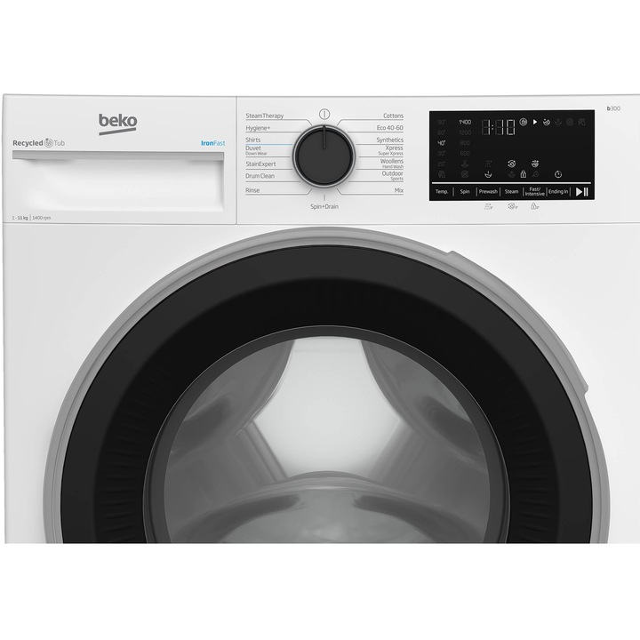 Masina de spalat rufe Beko B3WFT51140W, 11 kg, 1400 RPM, Clasa A, SteamCure, AddXtra, Motor ProSmart Inverter, AutoClean Detergent Drawer, Alb