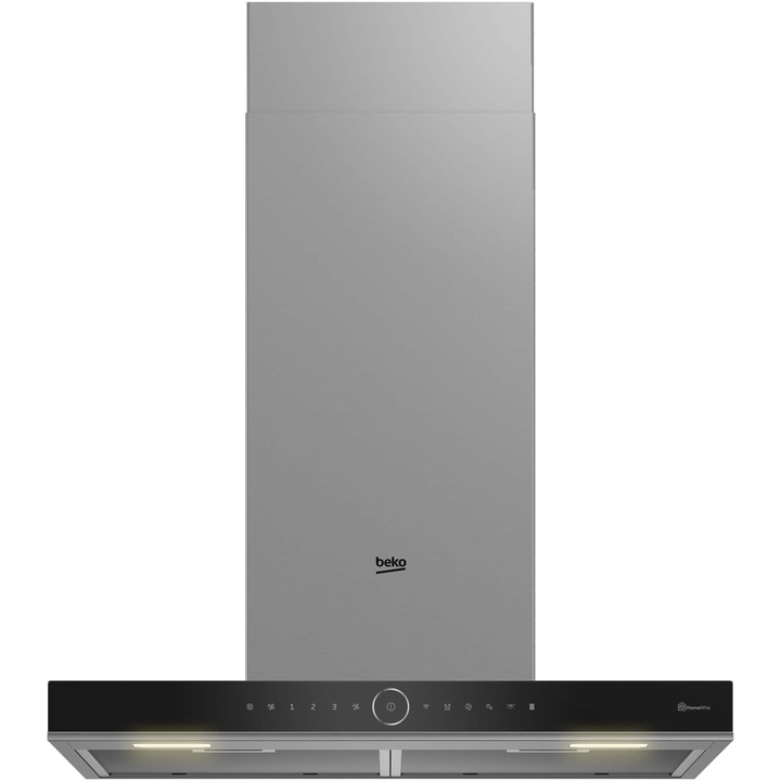 Декоративен абсорбатор за вграждане Beko BHCB67841BBHSI, Капацитет на абсорбация 415 mc/h, Режим на пречистване на въздуха, Smell Sense, 3 степени на скорост, LED осветление, Автоматично изключване, 60 см, Черен/Инокс