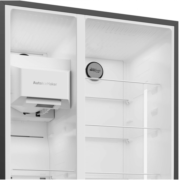Side by side Beko GN162340XBRN, 571 l, Clasa E, NeoFrost Dual Cooling, HarvestFresh, Ice fall, Water dispenser, Compresor inverter, Display touch control, H 179 cm, Inox