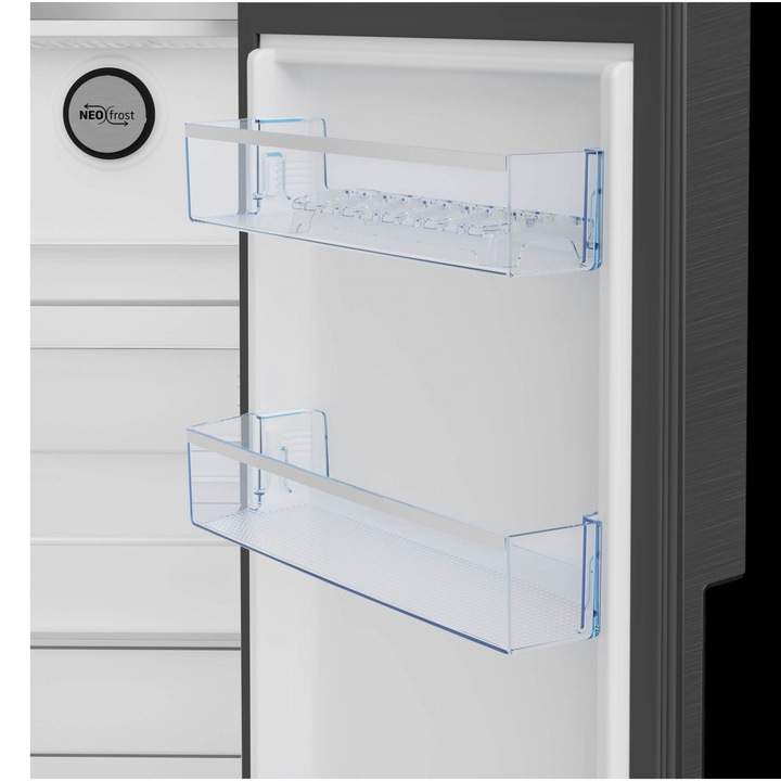 Side by side Beko GN162340XBRN, 571 l, Clasa E, NeoFrost Dual Cooling, HarvestFresh, Ice fall, Water dispenser, Compresor inverter, Display touch control, H 179 cm, Inox