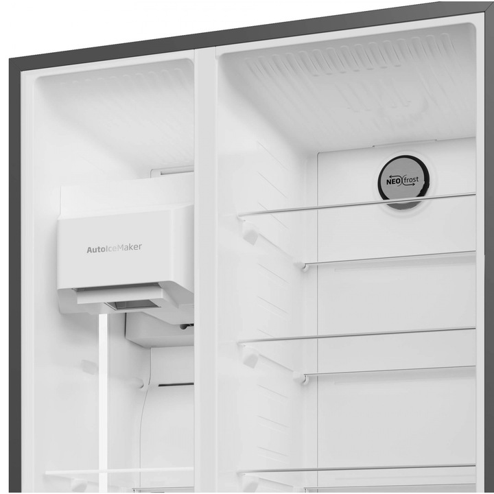 Side by side Beko GN162340XBRN, 571 l, Clasa E, NeoFrost Dual Cooling, HarvestFresh, Ice fall, Water dispenser, Compresor inverter, Display touch control, H 179 cm, Inox