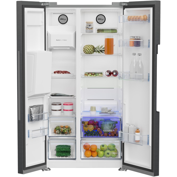 Side by side Beko GN162340XBRN, 571 l, Clasa E, NeoFrost Dual Cooling, HarvestFresh, Ice fall, Water dispenser, Compresor inverter, Display touch control, H 179 cm, Inox