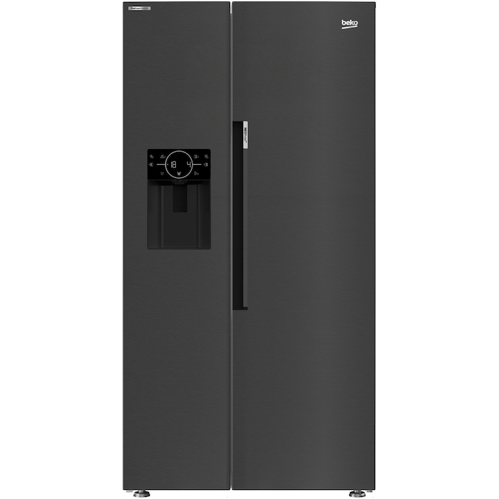 Side by side Beko GN162340XBRN, 571 l, Clasa E, NeoFrost Dual Cooling, HarvestFresh, Ice fall, Water dispenser, Compresor inverter, Display touch control, H 179 cm, Inox